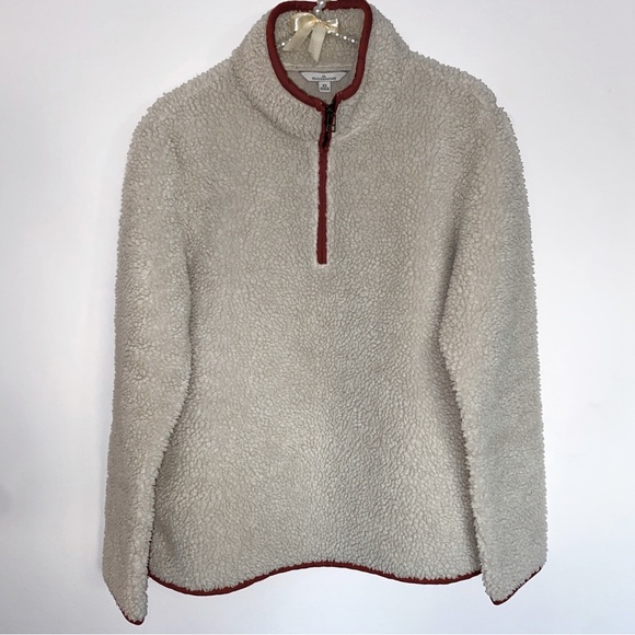 L.L. Bean Signature Cream Sherpa Quarter Zip Pullover With Red Trim - Picture 2 of 4